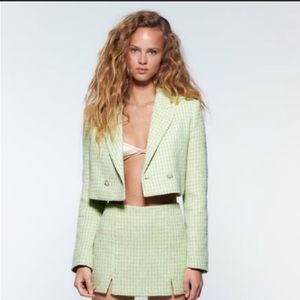 Zara Light Green Tweed Cropped Blazer